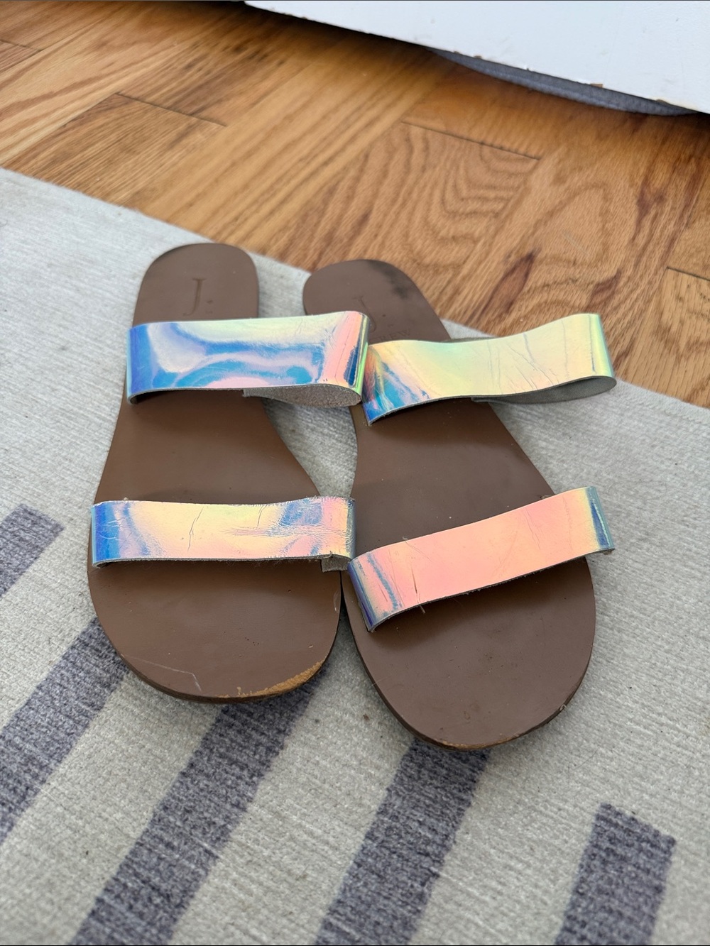 J. Crew Iridescent Holographic Double-Strap Sandals - Brown Footbed